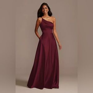 one shoulder satin a-line long bridesmaid dress wine
